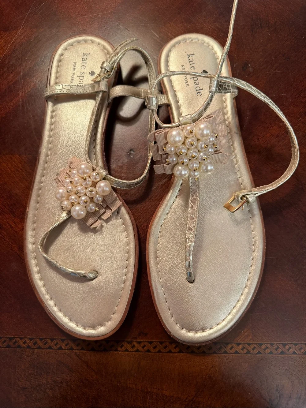 Kate Spade NY Pearl-Cluster Metallic Gold T-Strap Sandals 8.5